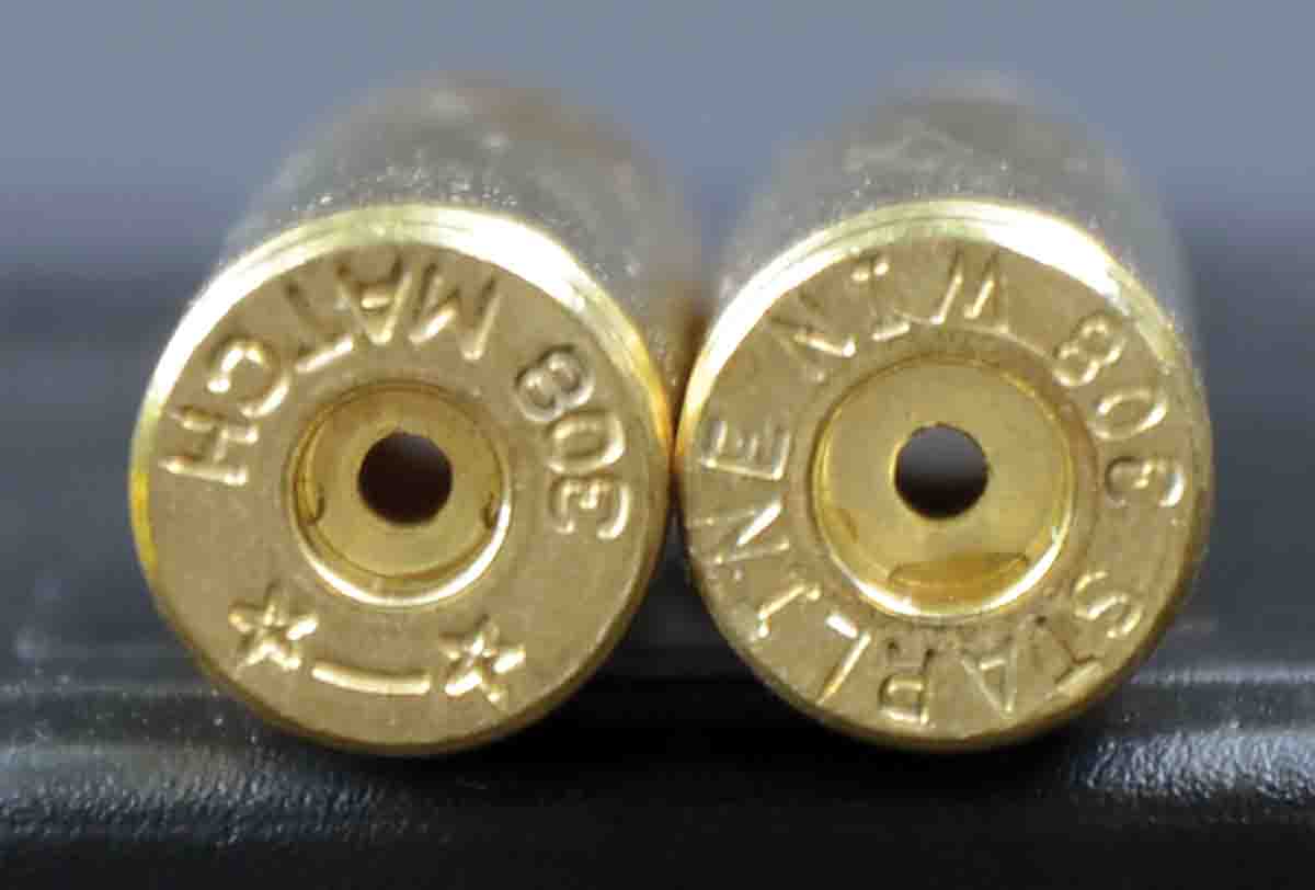 Starline offers .308 Winchester cases pocketed for small rifle (left) and large rifle primers. The former are head-stamped “.308 Match”.